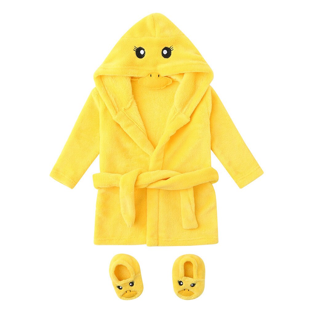 Newborn Baby Layette Boys Girls Baby Pajamas Cartoon Yellow Duck Style Flannel Bathrobes Hoodie Sleepwear Footwear Outfits 2pcs: Yellow  / 0-6 Months