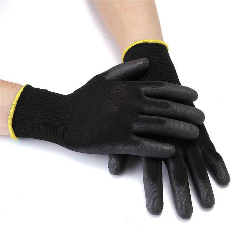 12-24 par manliga och kvinnliga nylonhandskar pu bästa arbetshandskar svarta nylon säkerhetsmaskiner arbetshandskar