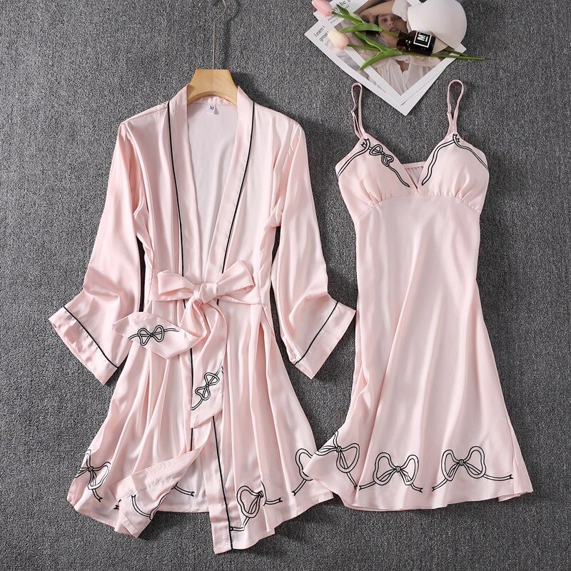 Conjunto de Bata de rayón con lazo bordado y cuello en V para mujer, camisón Sexy con tirantes, ropa de dormir para el hogar, verano, 2 uds.: Pink  / M