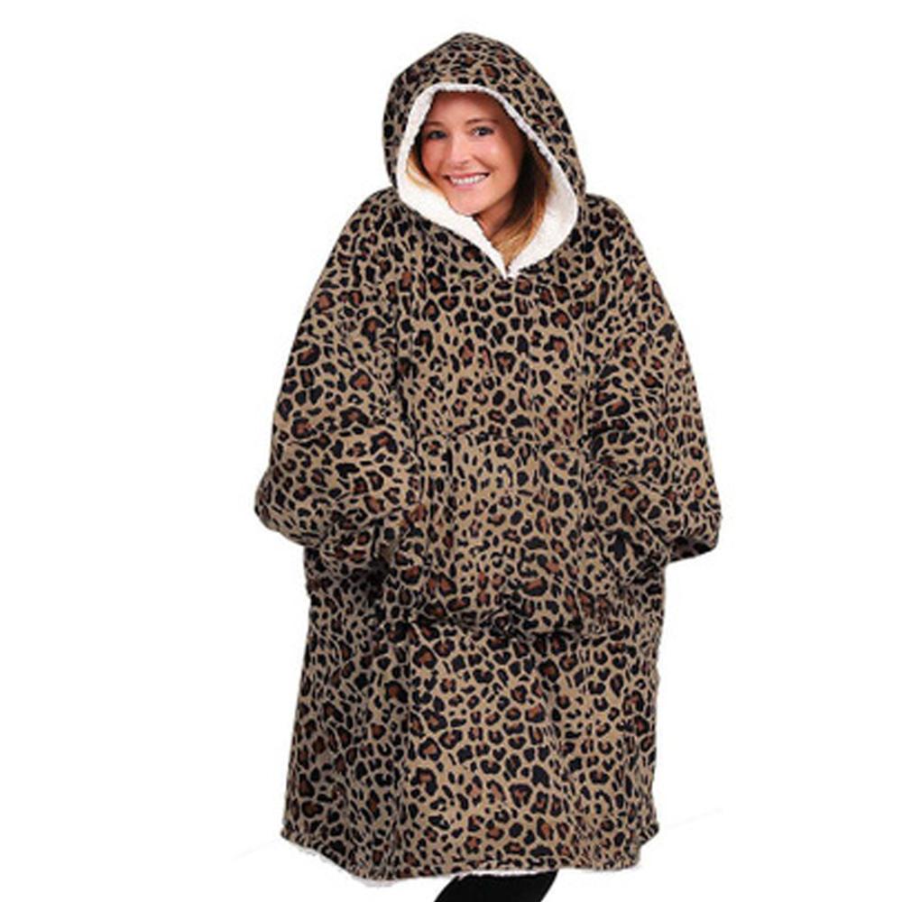 Flanel Hoodie Deken Warme Zachte Gewaad Sweatshirt Trui Fluwelen Dikke Deken One Size Fits All Mannen Vrouwen Hoodies Jassen: Leopard