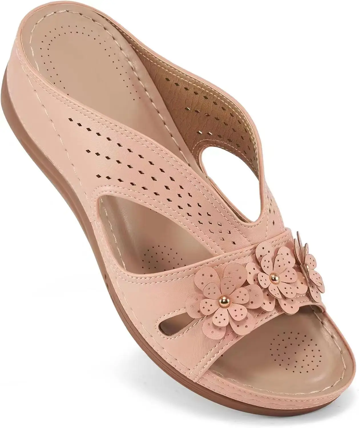 Zapatillas de mujer de tendencia 2024, zapatos de playa con cuña hueca y flores informales, sandalias antideslizantes cómodas con plataforma a la para actividades al aire libre: Rosa / 41