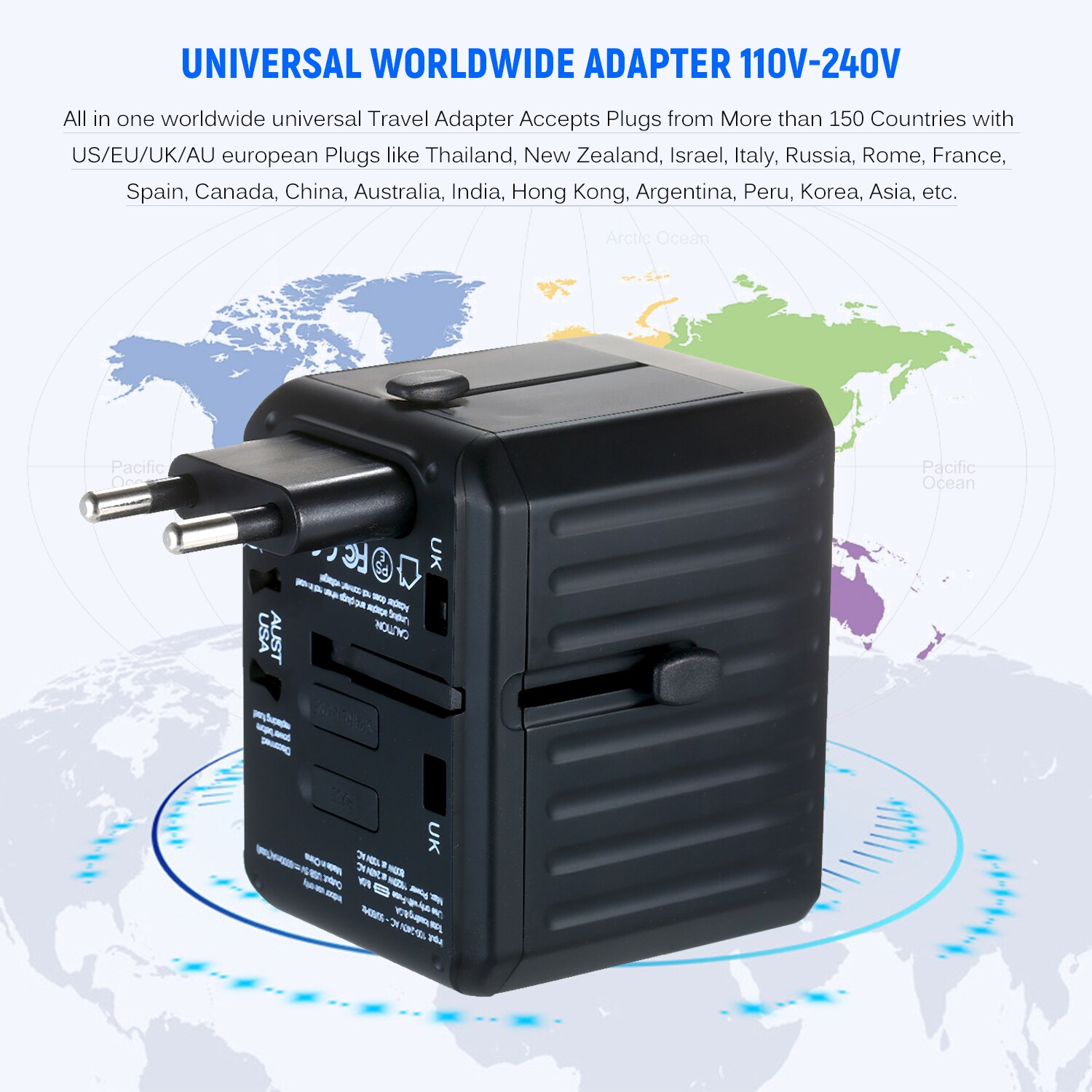 Travel Adapter 4 USB Worldwide All in One Universal Travel Adapter Wall Charger AC Plug Adaptor with Smart Power and Protection