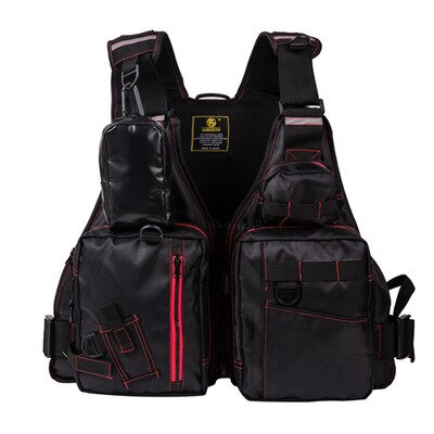 Chaleco salvavidas para pesca, chaqueta de , 120kg, multifunción, 8 bolsillos, para deportes al aire libre,: Black-red zipper