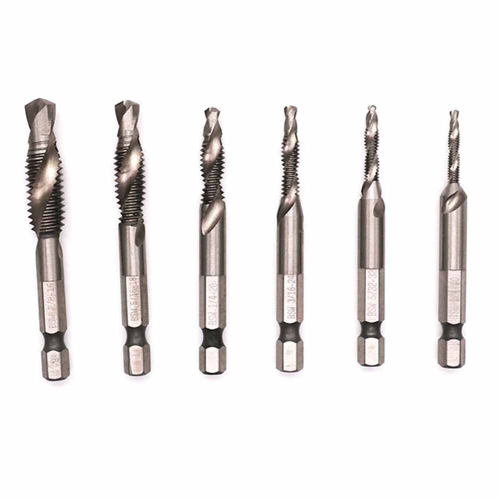 6pcs Speed Steel Screw Tap Drill Bits Hss Taps Countersink Deburr Set Metric Combination Bit High l 1/4 IN Quick Change Hex Die