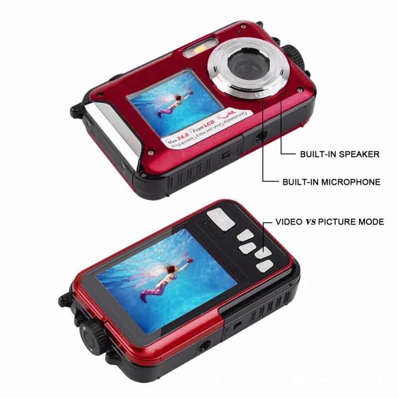 Waterdichte digitale camera, onderwatercamera, videorecorder, selfie dual sn dv opnamecamera (rood)