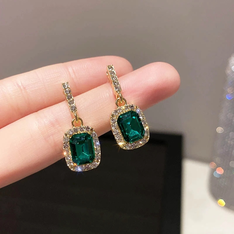 Koreaanse groene kristallen oorbellen voor dames, trendy strass oorbellen met geometrische kwastjes, hangende oorbellen, feestsieraden voor meisjes: Donkergroen