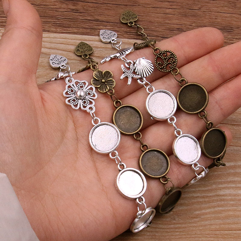 1 Uds., 2 colores, 15 estilos, aleación de Zinc de Metal, pulsera redonda de 12mm, ajuste de cabujón, conector de flor y Luna, accesorios de joyería hechos a mano