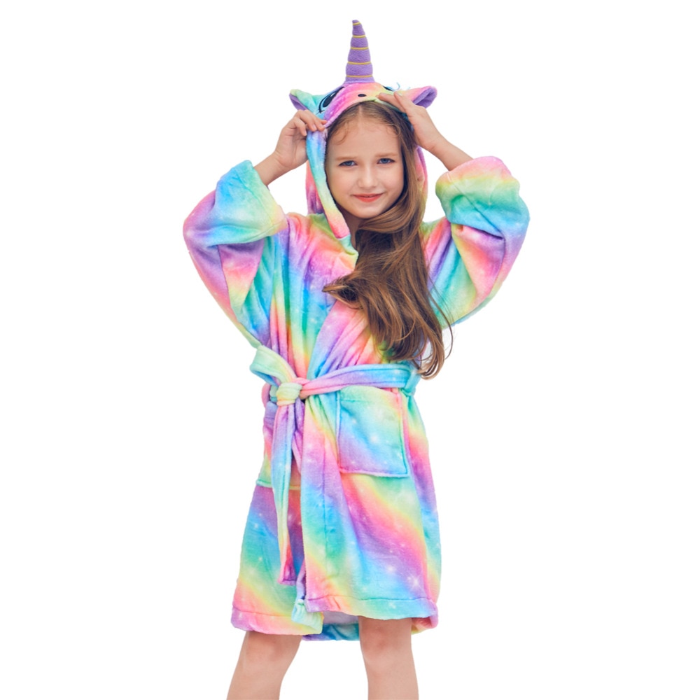 Unicorn regnbåge badrockar för flickor pyjamas långa ärmar huva handduksrep för barn hemkläder varma nattkläder för barn