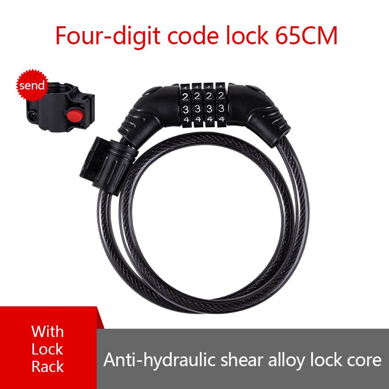 Mountain Bike Bicycle Lock Electric Stainless Steel Password Fixed Portable Anti-Theft Steel Wire Chain Lock: Password lock 65cm with lock rack  four digit password