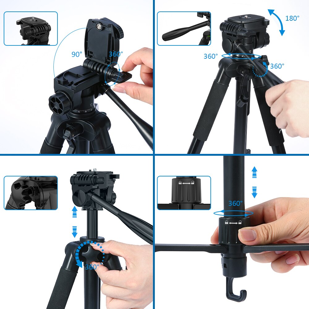Andoer TTT 663N – trépied d'appareil photo léger de voyage de 57.5 pouces, pour la photographie et la prise de vue vidéo pour DSLR SLR avec sac de transport et pince pour téléphone