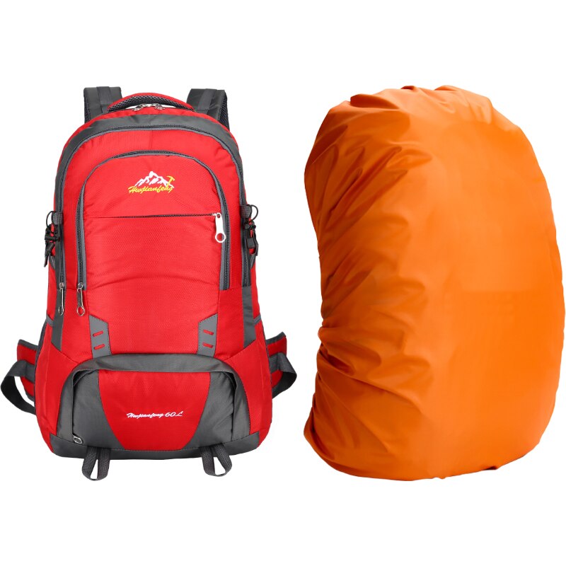 60L Outdoor Long Distance Shoulders Bag Cycling Backpack Mountaineering Camping Travelling Knapsack Climbing Hiking Rucksack: Red and Cover