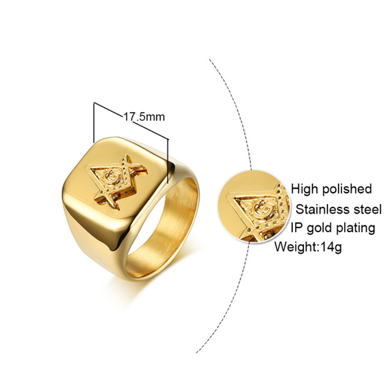 Male Gold Color Masonic Rings Stainless Steel Jewelry for Men Highly Polished Titanium Punk Rings for Brother