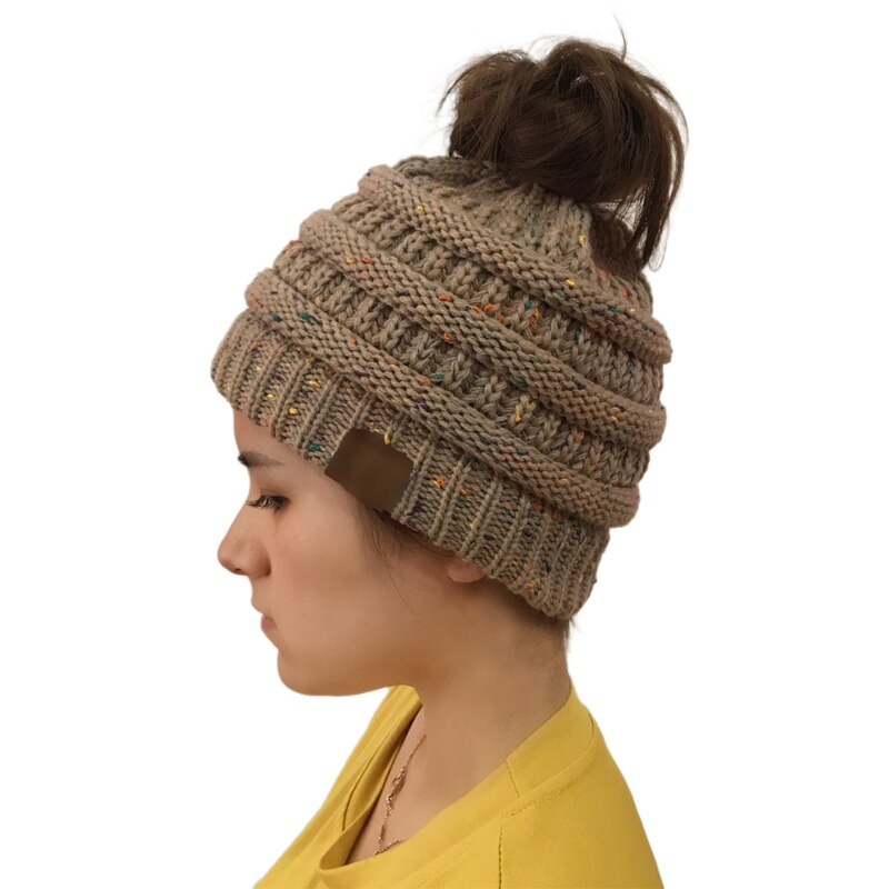 Doitbest Winter Female Ball Cap Top Hole Hat For Women Girls Hat Knitted Beanies Cap Hat Thick Womens lady Skullies knit Beanies: Khaki