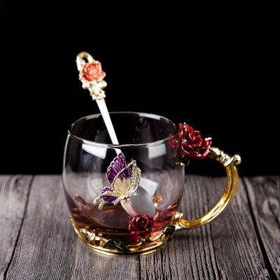 Rød rose emalje krystal kop blomst te glas høj kvalitet glas vand kop blomst krus med håndtag perfekt til elsker bryllup: Se diagram 5