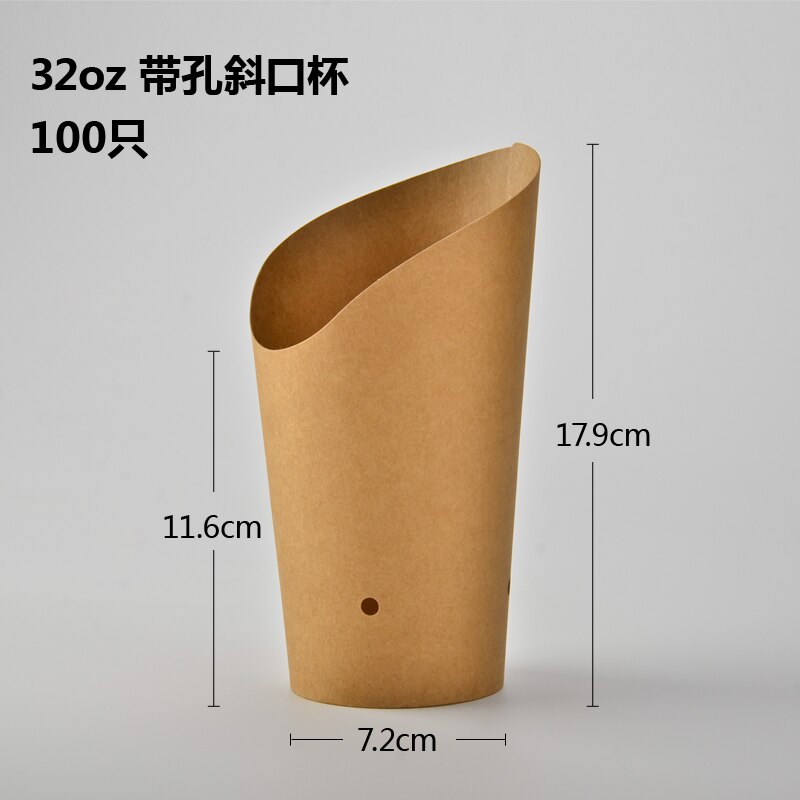 100pcs Kraft paper potato chips box disposable,french fries cup,food bags,snack packing boxes,Hand holding snack cup: 32oz With holes