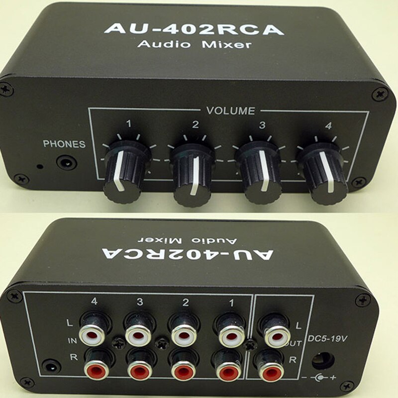 Mezclador RCA de múltiples fuentes, estéreo o reverberador, interruptor conmutador, 4 entradas, 2 salidas, controlador de auriculares, Control de volumen