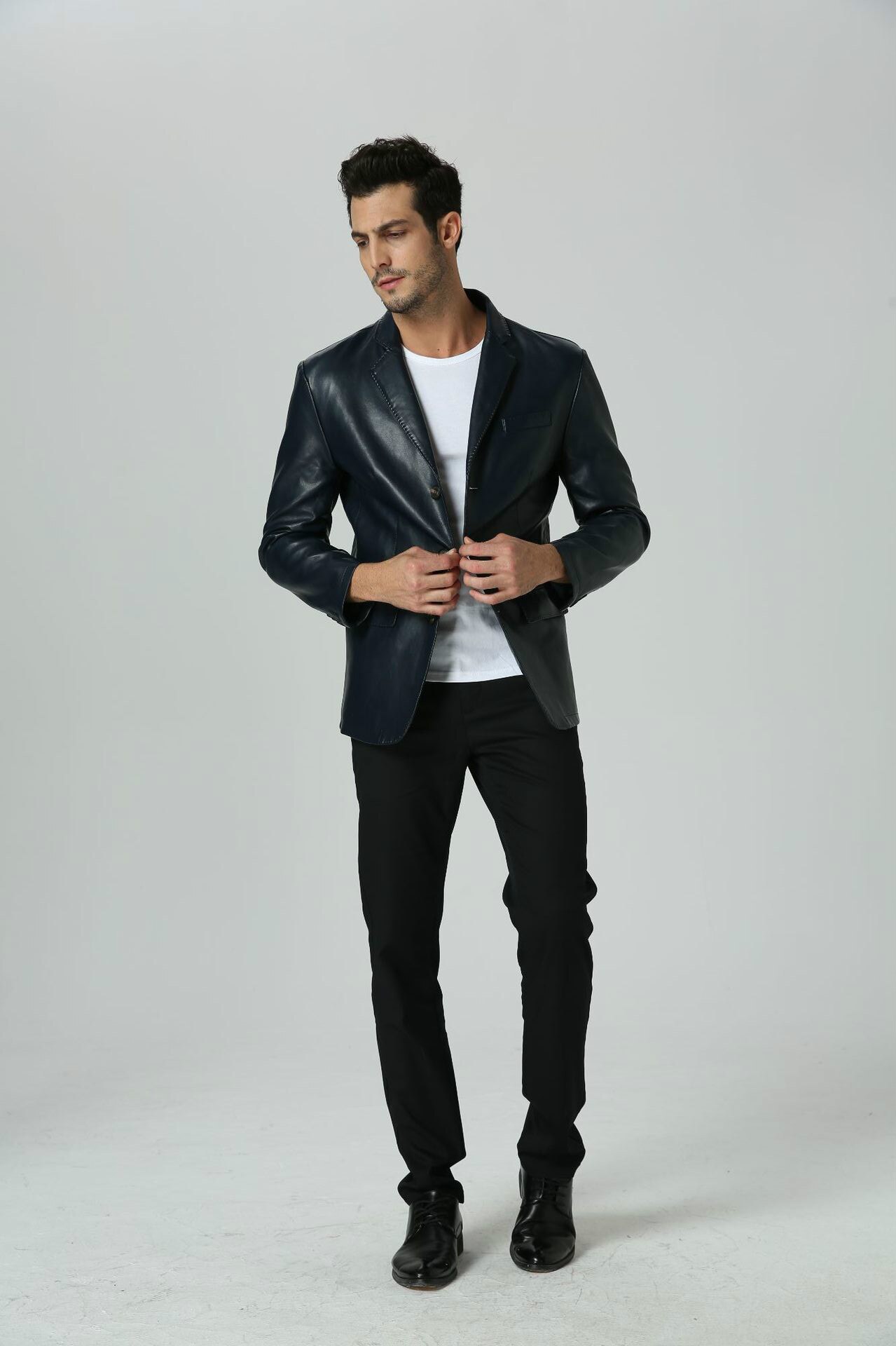 Brun imiteret læder blazer casual business pu læder slim fit plus size jakkesæt til drenge langærmet mandlig jakkesæt blazer: Flåde / Xxxl