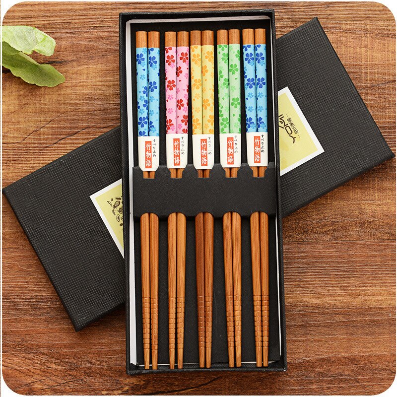 Reusable Japanese style bamboo chopsticks set 5 pairs of Chinese food dessert chopsticks: F