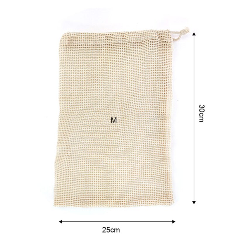 Genanvendelige bomuldsnet producereposer til grøntsag frugt køkken vaskbar opbevaringstaske med snøre 4 størrelser tilgængelige: 25 x 30cm m