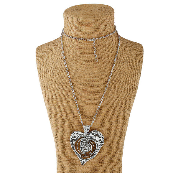 1pcs Antique Sliver Statement Large Abstract Metal Heart Pendant Long Curb Chain Lagenlook Necklace for Women: 3
