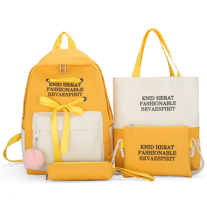 4 delar uppsättningar skolväskor ryggsäck 15.6 tum bärbar datorväska kvinnlig ryggsäck skolväska för tonårsflickor: 4 st gul