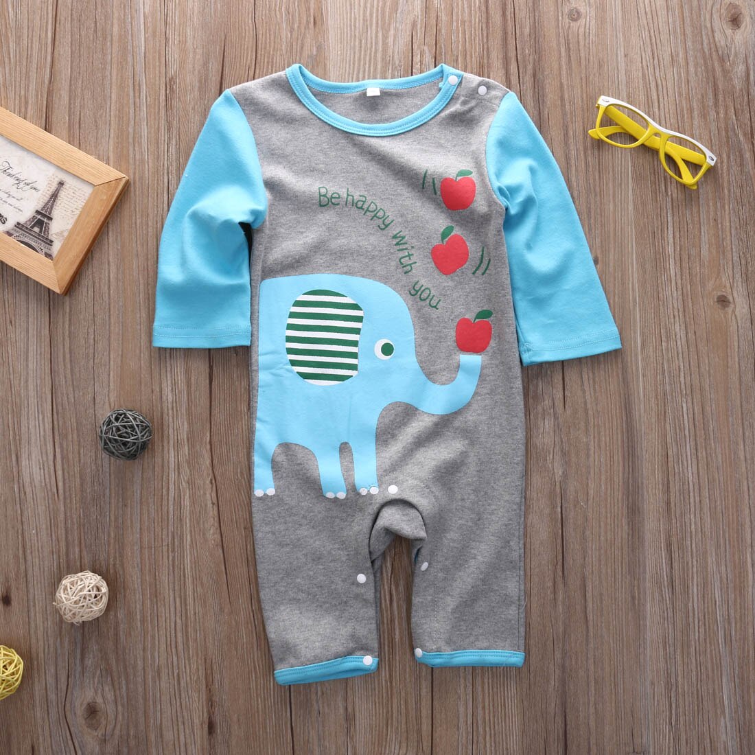 Long Sleeve Elephant Print Romper For Baby Boy Jumpsuit Buttons Up Autumn Winter