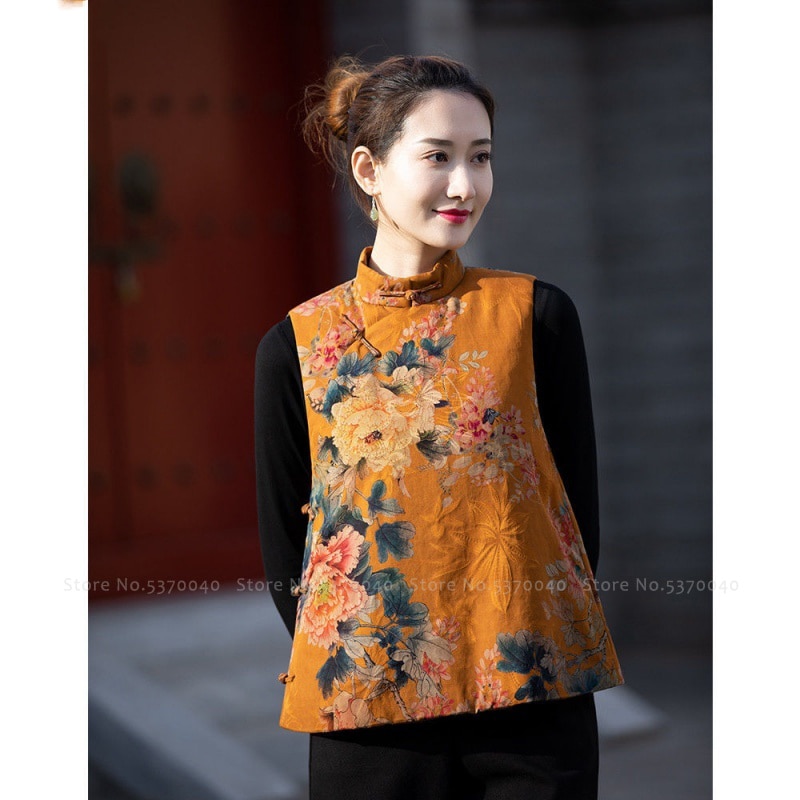 Vrouwen Traditionele Chinese Stijl Vest Mode Oosterse Kleding Retro Print Qipao Tops Elegante Vesten Mouwloze Hanfu Jassen