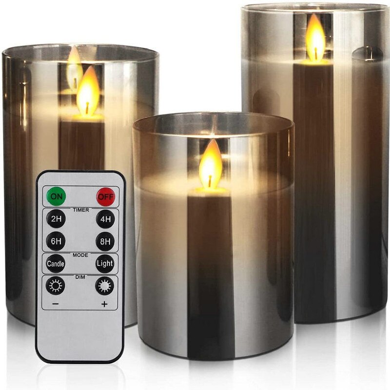 Set of 3 Remote control Battery operate Pillar Candles Paraffin Wax LED Glass Candle Dancing Swinging wick Home Bar Decoration