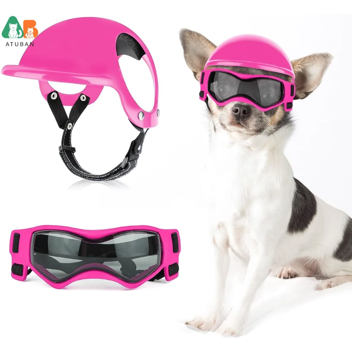 ATUBAN Casco para Perros y Gafas para Perros Pequeños-Casco para Casco de Motocicleta para Mascotas con Agujeros para las Orejas Correas Ajustables para Puppy Montar: S / Rosa