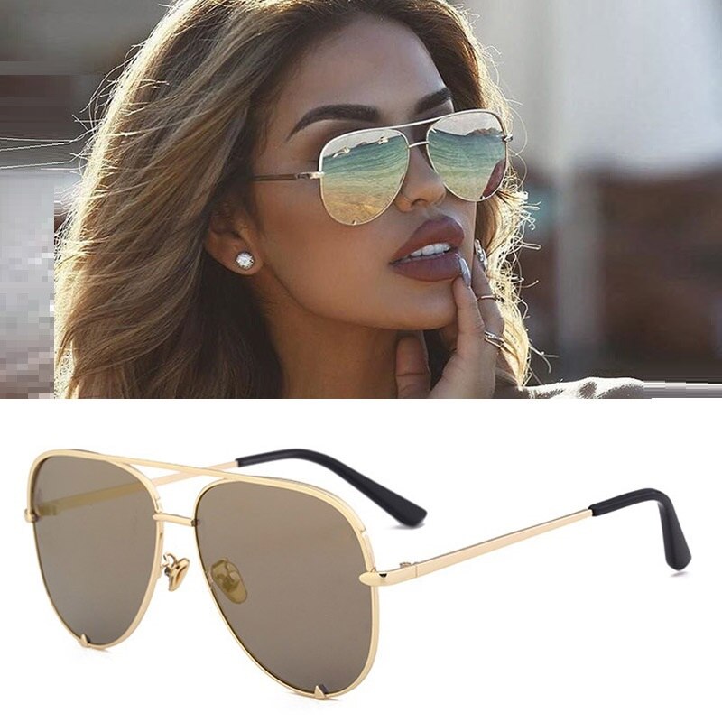 Flad top luftfart solbriller kvinder  uv400 retro mærke luksus spejl solbriller til kvindelige damer metalramme briller: D553 guldguld