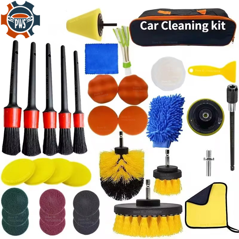 Pws novo kit de limpeza de carro purificador broca detalhando escova conjunto ar condicionado aberturas toalha polidor carro auto detalhando ferramentas