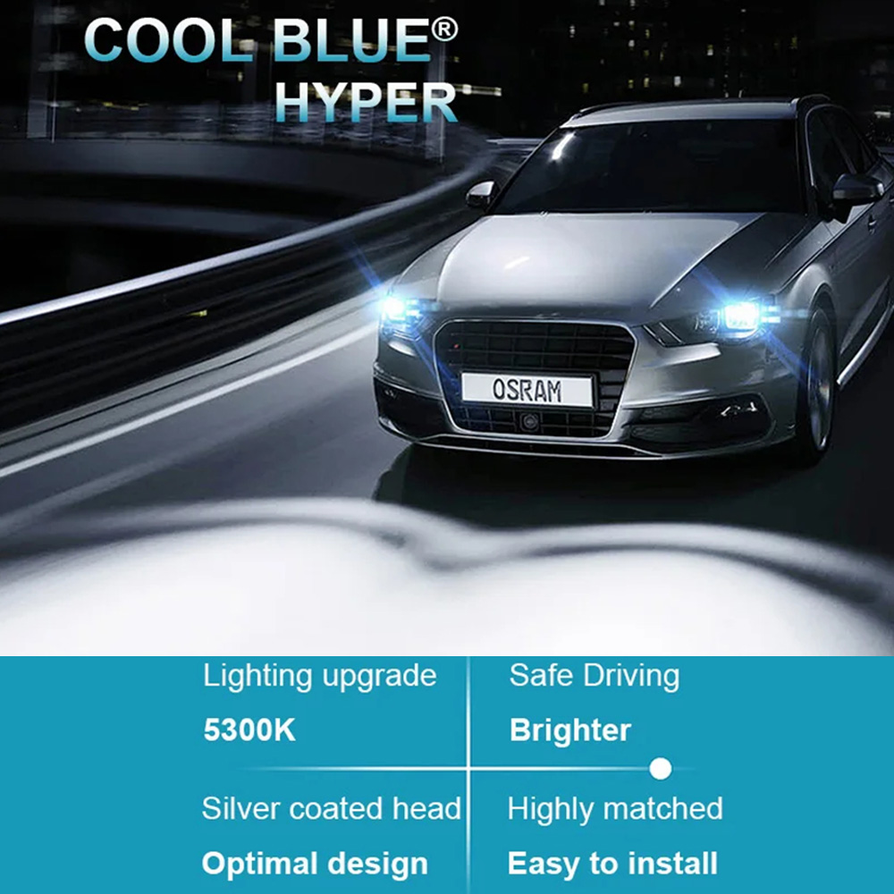 Osram cool blue hyper white  h7 h4 h1 h11 hb3 9005 hb4 9006 halogenforlygte billygte hi/lo-stråle 5300k 12v 55w pære  (2 stk.)