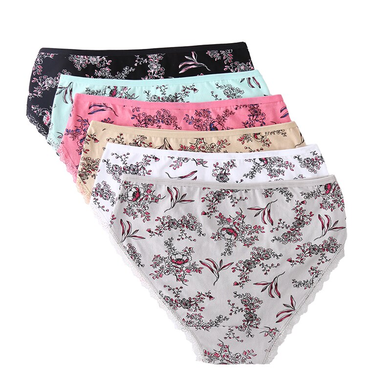 6pcs/lot cotton underwear women high waist lace briefs floral printed panties plus size panties for women 2xl 3xl 4xl