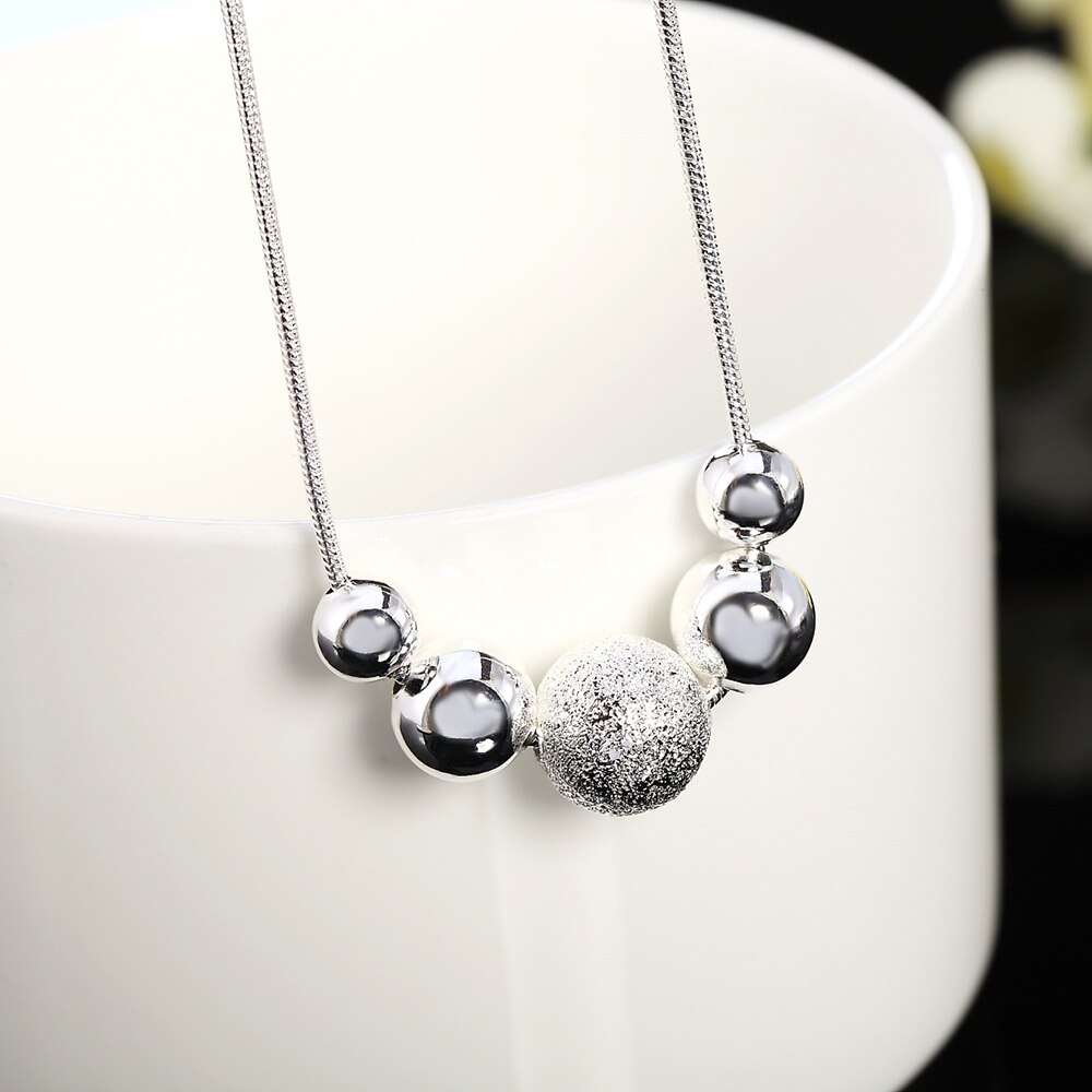 AGLOVER 925 Sterling Silver 18 Inch Snake Chain Frosted Round Bead Pendant Necklace For Woman Charm Wedding Jewelry
