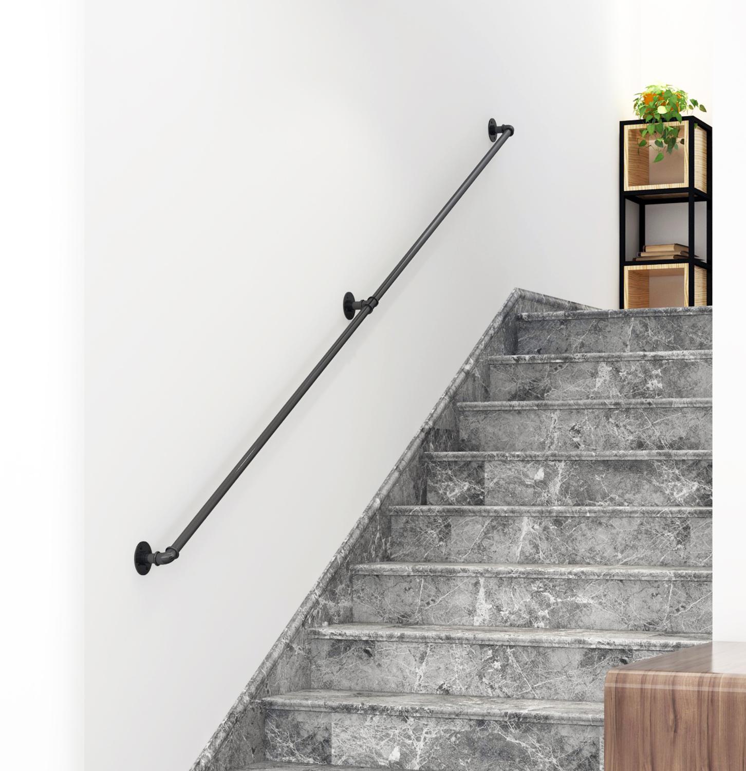 DIYHD 5FT-11FT Stair Black Pipe Handrail With 3 Wall Mount Support Loft Stair Handrail
