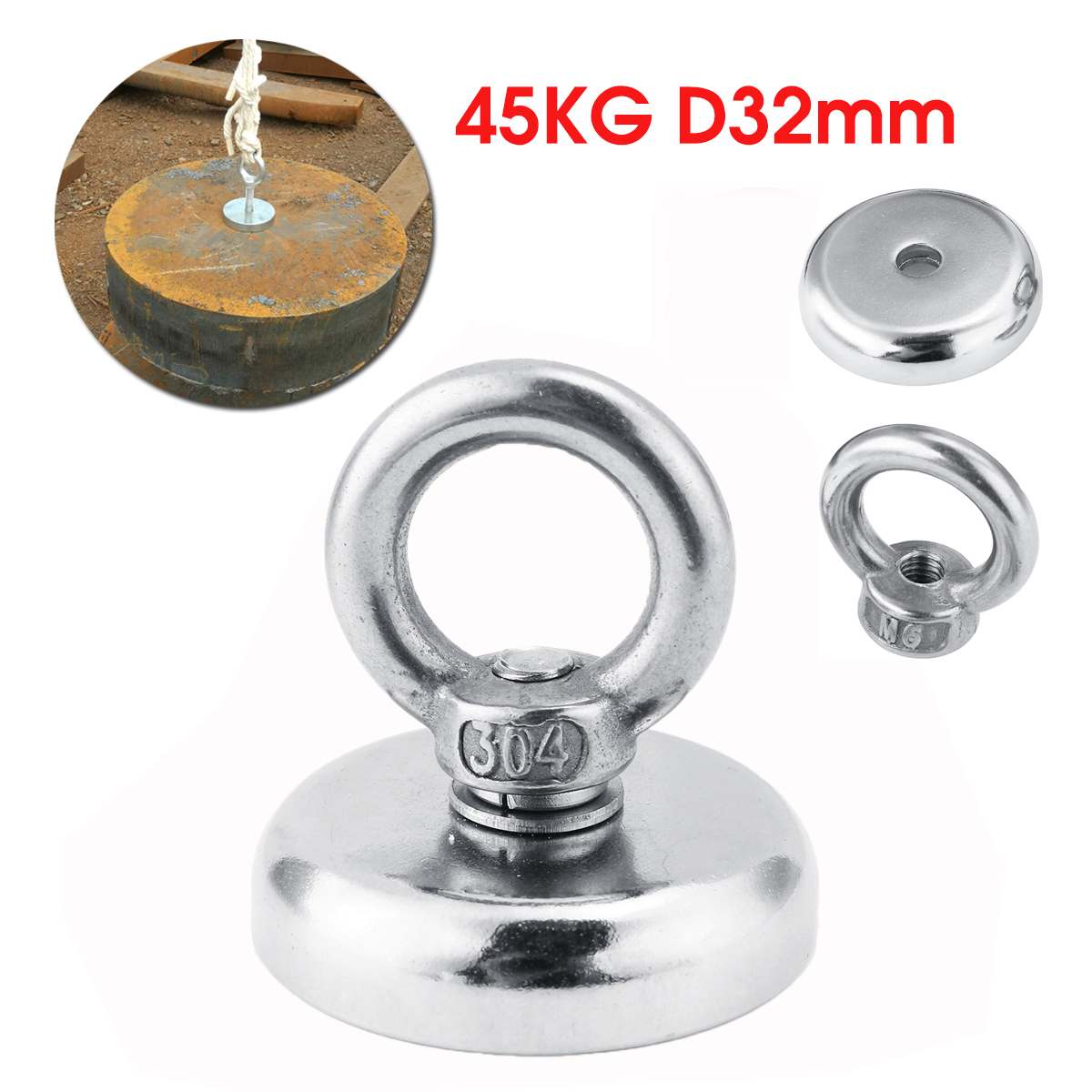 D48mm Strong Powerful Neodymium Magnet Hook Salvage Magnet Sea Fishing Equipments Holder Pulling Mounting Pot with ring: D32mm 45kg