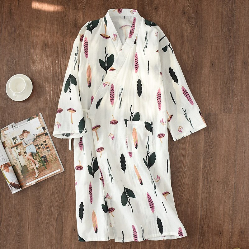 Japanese-style Kimono Pajamas Summer 100% Cotton Gauze Pajamas Nightgown Ladies SPA Yukata Homewear Long Pajamas Women: L