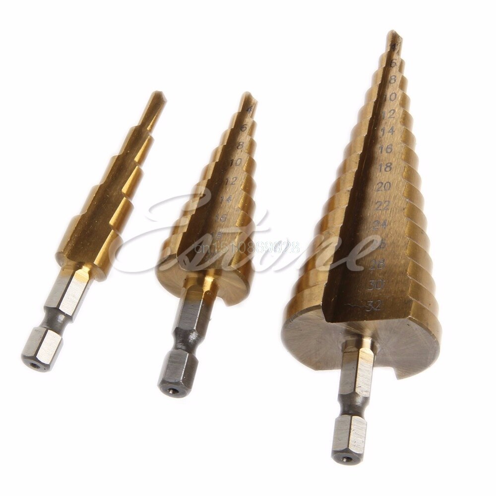 3Pcs Drill Bit Set Steel Titanium Nitride Coated Step Drill Bit Quick Change 1/4" Shank