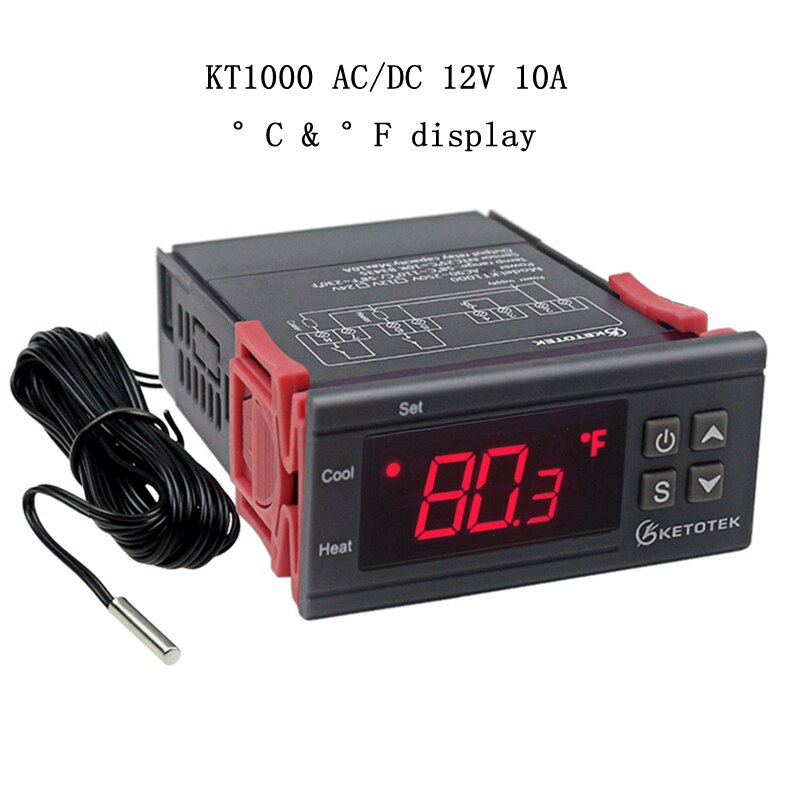 KT1000 Digital Temperature Controller Two Relay Output Thermostat Incubator 110V 220V 10A Heat Cool Celsius Fahrenheit Display: KT1000 12V