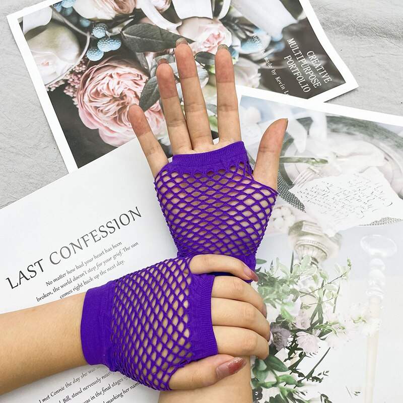 Guantes de rejilla para mujer, manoplas cortas de medio dedo, Multicolor, sexys, elásticos, de malla hueca, Punk, sin dedos, K72: Purple