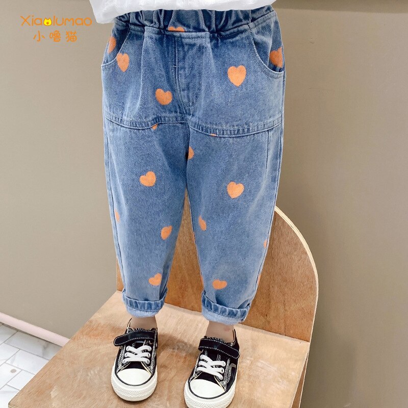 Baby piger jeans hjerte print denim bukser til piger elastisk talje børne jeans med hul efterårs nyhedstøj til  i3-8y