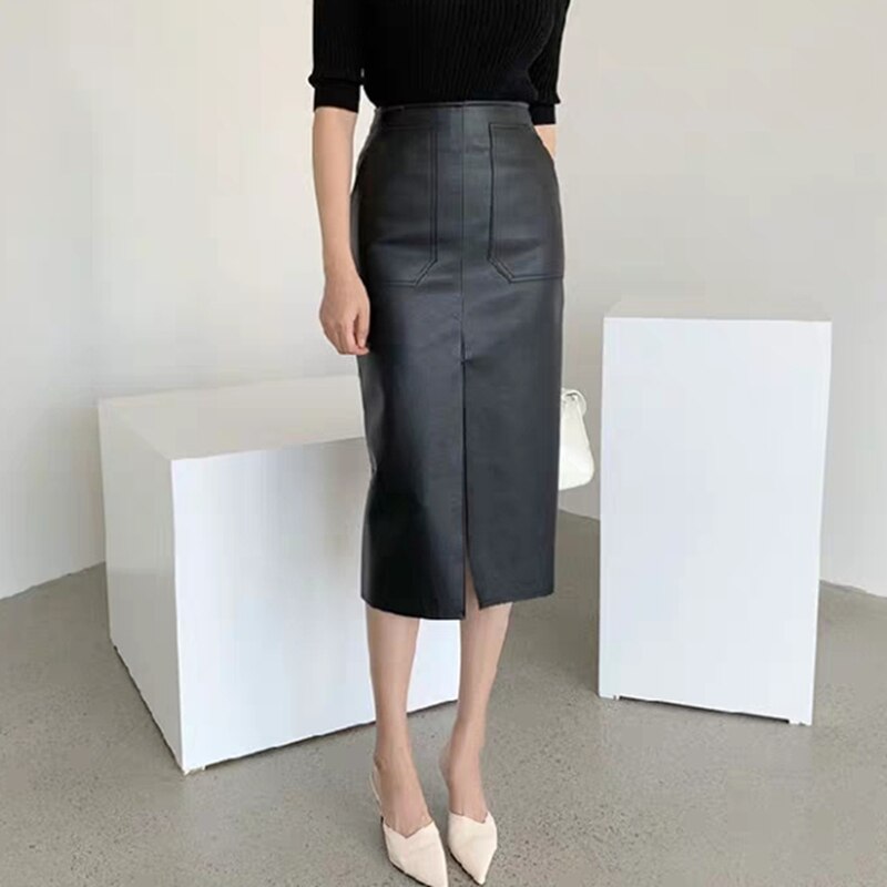 Pu Black Beige Sexy Women Pencil Skirt High Waist Package Hip Female Leather Skirts Midi Hem Split Club Skirt Bottomings