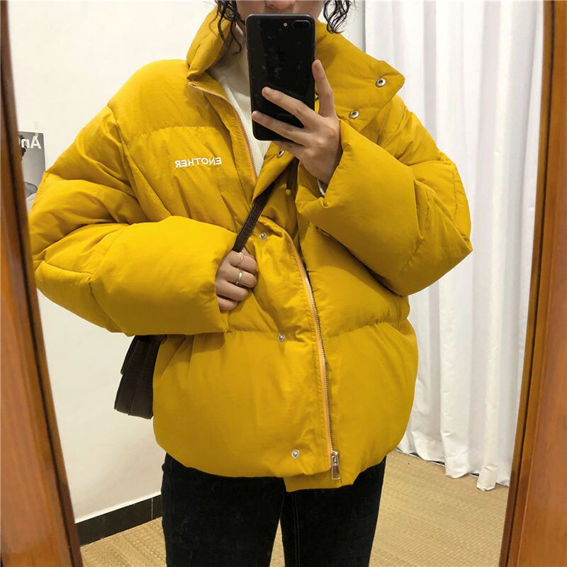 Fluorescent green Bright Winter Jacket Women Parka Warm Thick Solid Short Cotton Padded Parkas Coat Loose Stand Collar Outwear