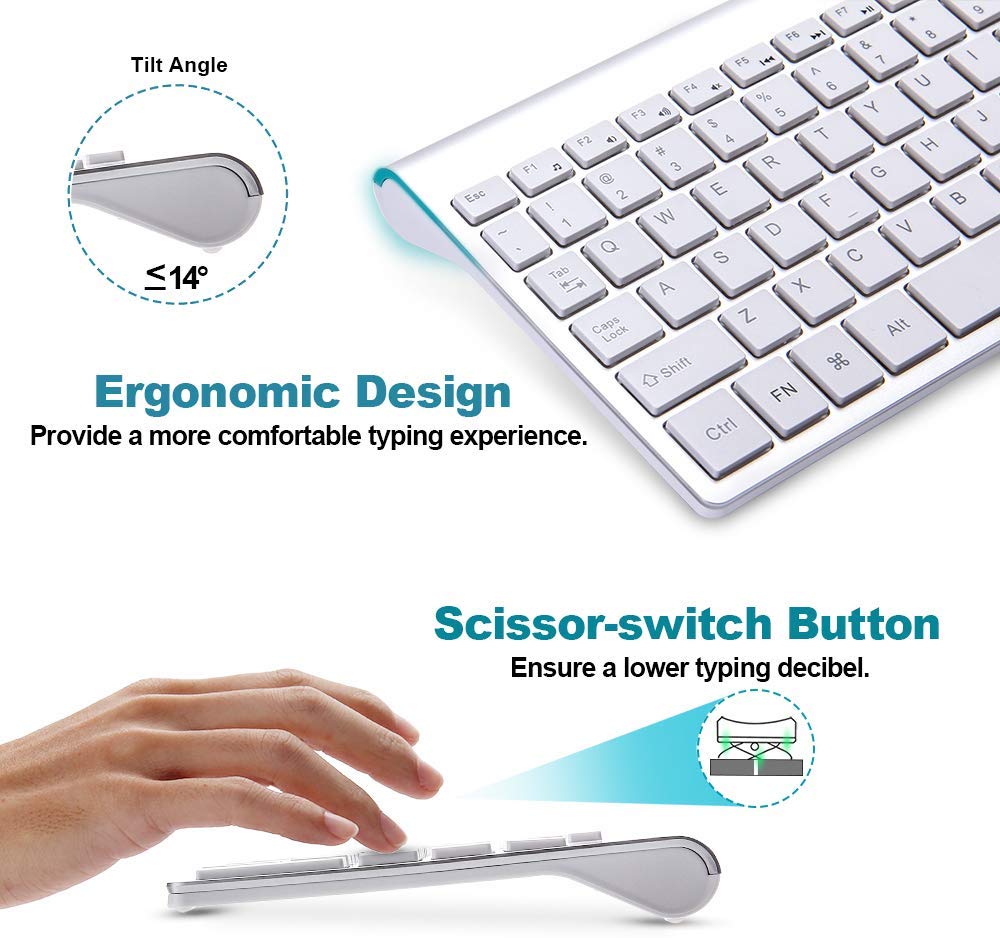2.4G Wireless Keyboard and Mouse, Russian Layout U.S. Layout, Compact, Convenient, Ultra Thin, Ergonomic, Silver White