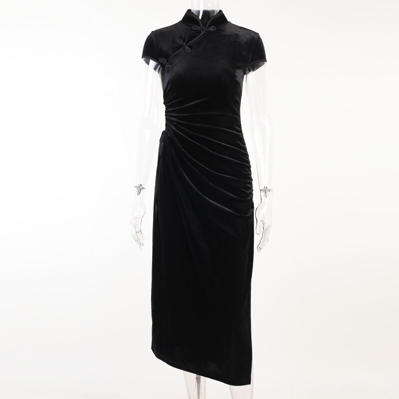Gothic Jurk Voor Vrouwen Chinese Cheongsam Dark Stijl Vintage Fluwelen Rokken Stand Kraag Cheongsam Slanke Hoge Split Sexy Qipao: S