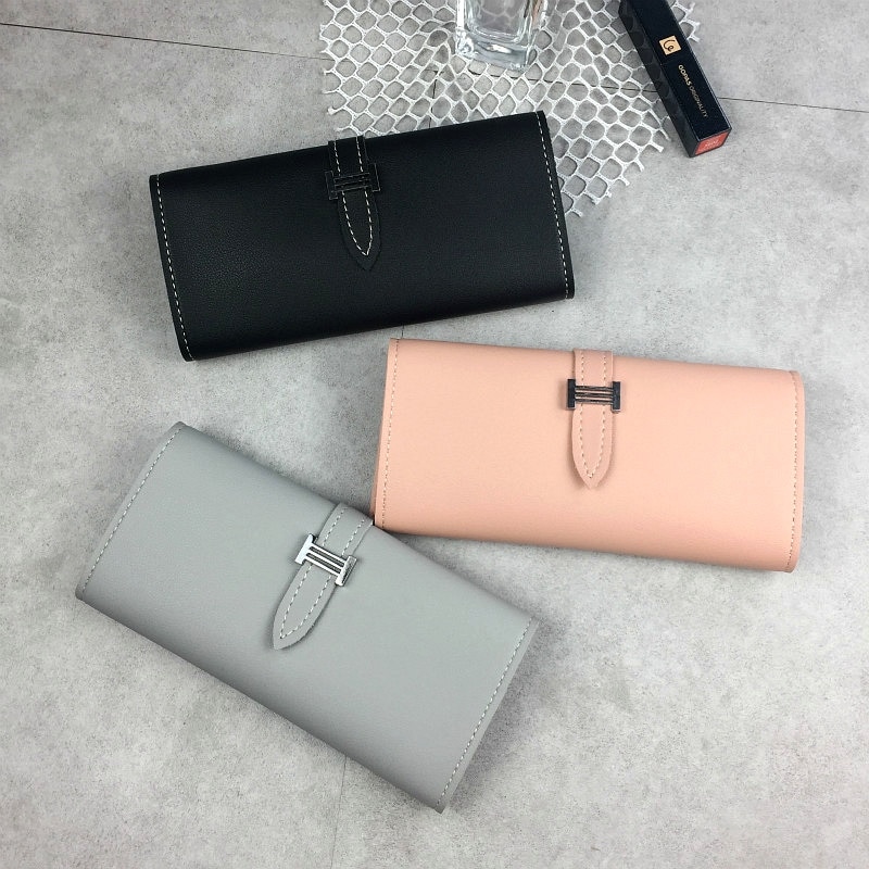 Women's H Letter Leather Wallet lady clutch purse Solid Color Drawstring Long 3 Fold Wallet Spring Model