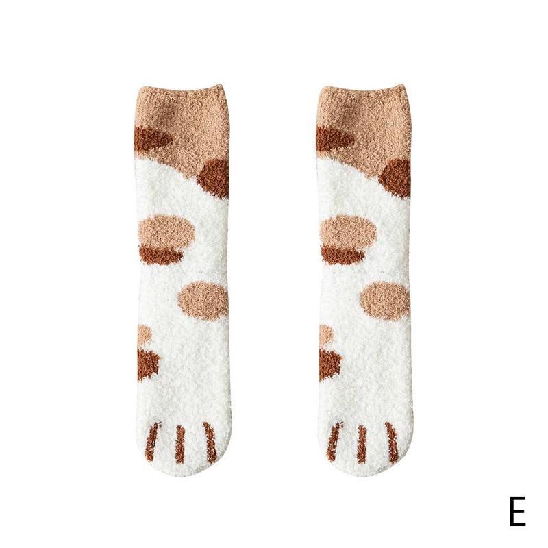 Autumn And Winter Coral Fleece Socks Female Mid-tube Cat Paw Plus Fleece Thickening Warm Half Fleece Floor Sleeping Pile Pile So: E