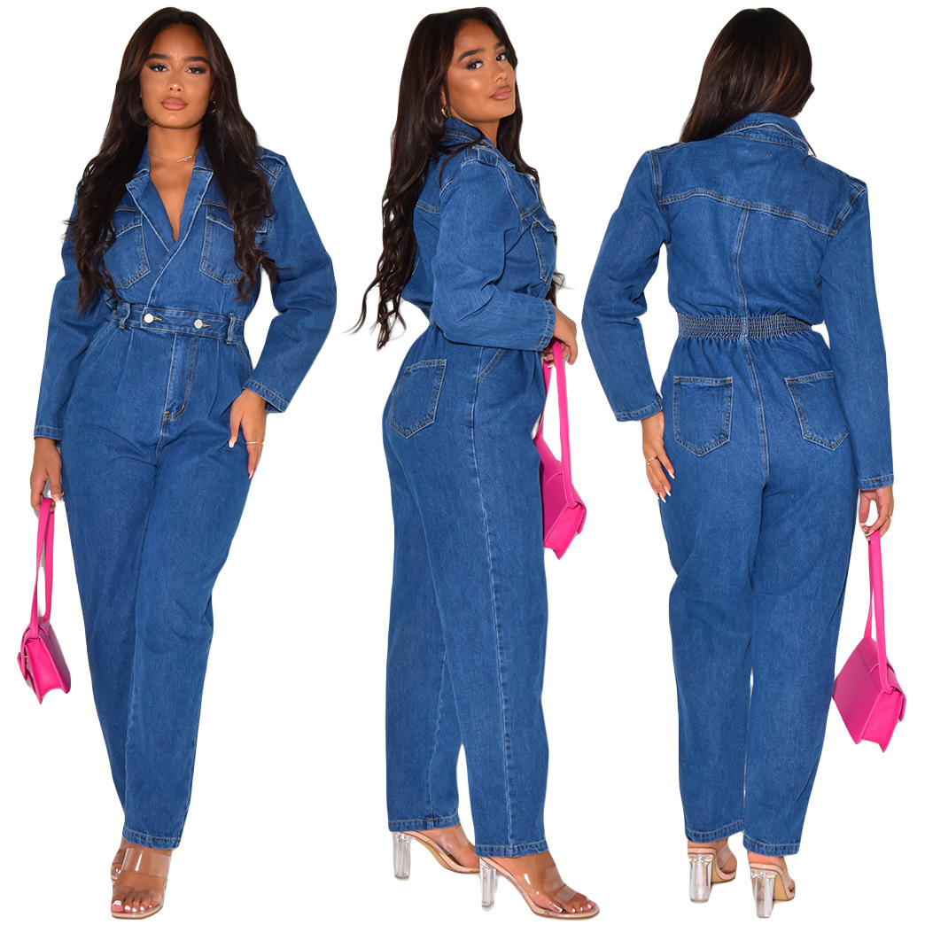 Demin overalls dame jumpsuits i ét stykke lange bukser med nedadgående krave, høj talje, streetwear,  y2k mom jeans, slim fit, sparkedragter