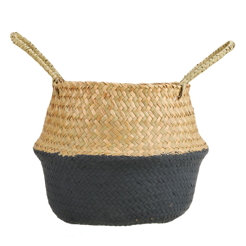 Handmade Bamboo Storage Baskets Foldable Laundry Straw Patchwork Wicker Rattan Seagrass Belly Garden Flower Pot Planter Basket: Black / M 27X23CM