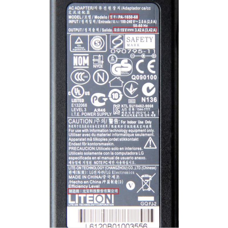 Genuine 19V 3.42A 65W LITEON PA-1650-68 AC Adapter For LG R400 M2380D M2780DF C500 ADP-65JH AB LCD Monitor Power Supply Charger